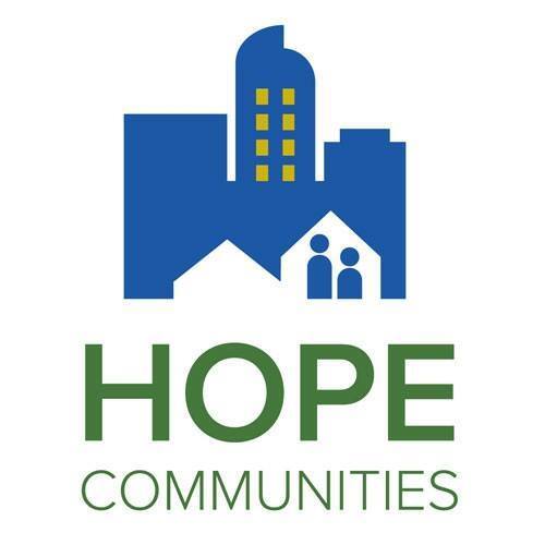 Logo with buildings, houses, and "HOPE COMMUNITIES" text.