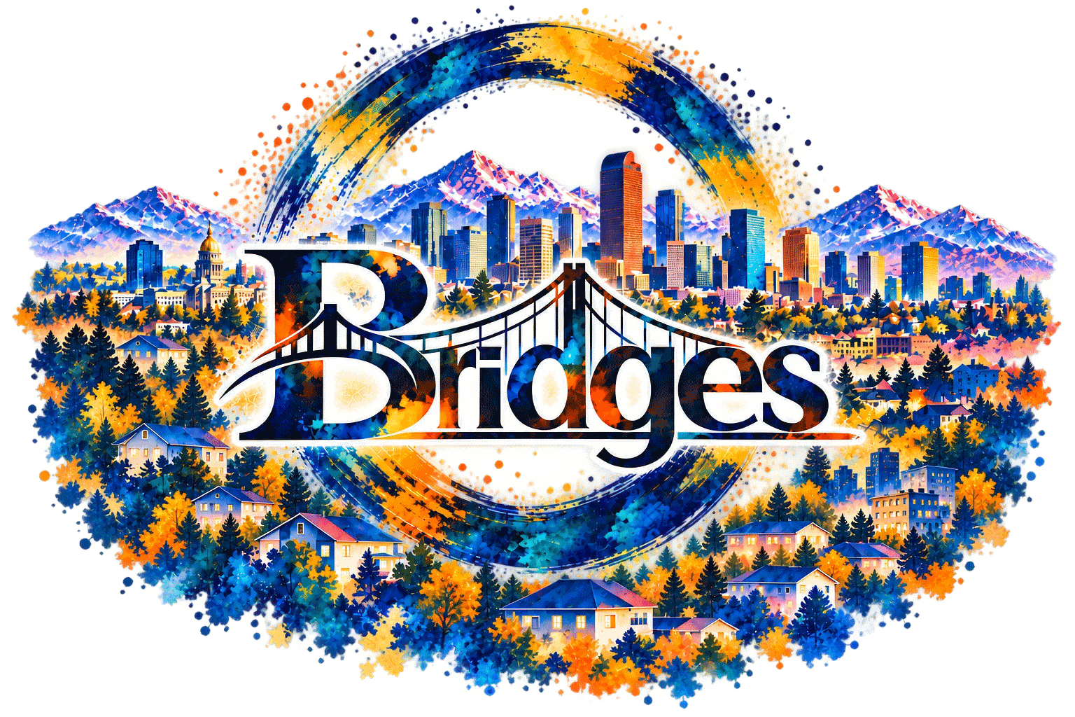 Colorful cityscape with "Bridges" text overlay.